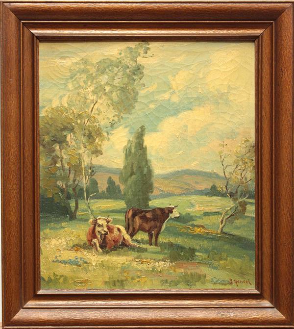 painting, Gustav Adolph Hensel: Framed oil on canvas, Two Cows in a Field, by Gustav Adolph Hensel (Californian, 1874-1953), signed ''D. Hensel'' lower right. overall: 17.5''h x 15.5''w
