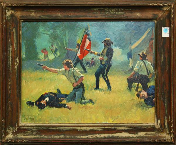 painting, Harold von Schmidt, Civil War Scene: Framed oil on board, Civil War Scene, after Harold von Schmidt (Californian, 1893-1982), signed ''Harold von Schmidt'' lower left, overall: 25.5''h x 31''w