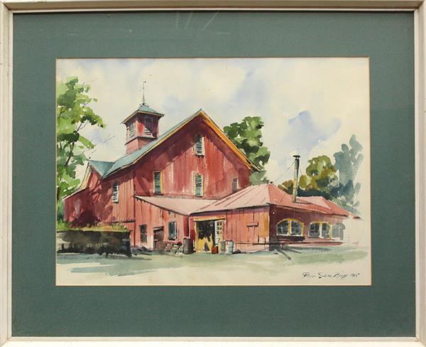 Watercolor, Frederic Briggs, Red Barn: Framed watercolor, Red Barn, 1965, Frederic Briggs (American, 20th century), signed and dated ''Frederic Schuler Briggs 1965'' lower right, sight: 15''h x 20''w, overall: 22.25''h x 27.25''w