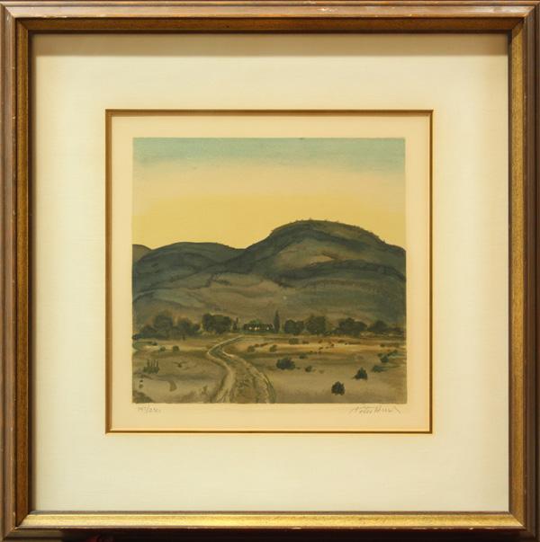 Print, Peter Hurd, View of a House: Framed lithograph, View of a House in the Distance, by Peter Hurd (American, 1904-1984), pencil signed lower right, numbered 147/250, overall: 20.5''h x 20.5''w