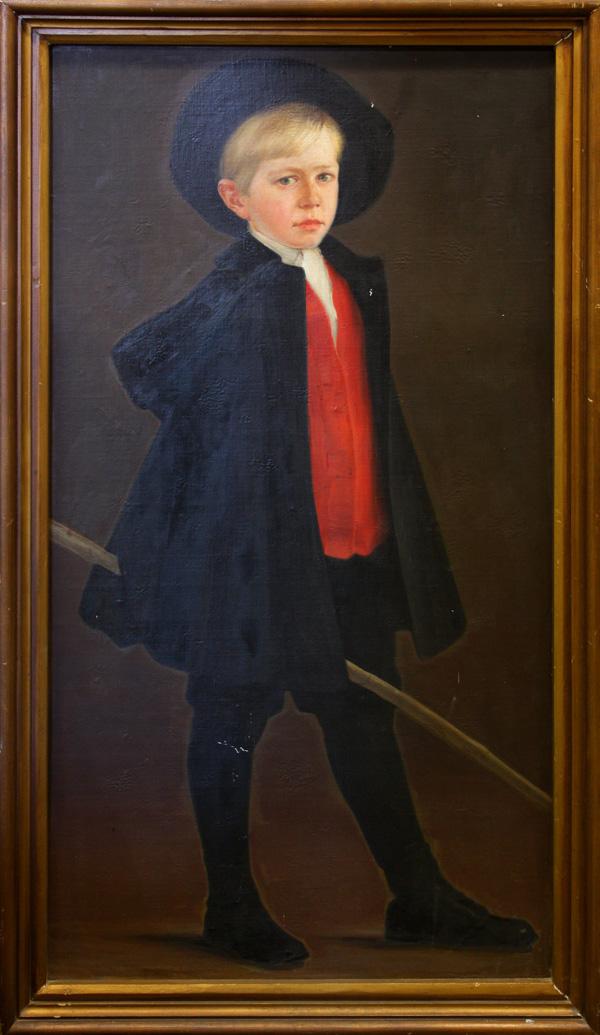 Painting, signed R. Bae, Portrait of Young Boy: Framed oil on board, Portrait of a Young Boy in a Red Vest, 19th century, signed indistinctly ''R. Bae (?)'' lower left, sight: 47.25''h x 25.256''w, overall: 52''h x 29.5''w
