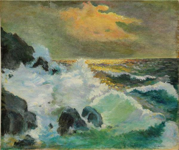 Painting, Sidney Spinney, Ocean Sunset: Unframed oil on canvasboard, ''Ocean Sunset,'' 1963, by Sidney Spinney (American, 20th Century), signed lower right and verso, overall: 20''h x 24''w