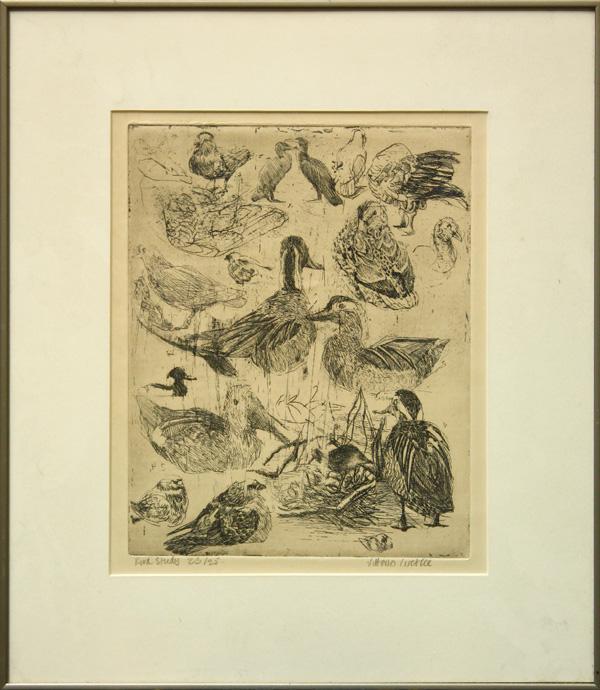 Etching, vittorio, Birds: Framed etching, Birds, signed indistinctly ''Vittorio __ie?'' lower right, various labels affixed verso, overall: 16''h x 14''w