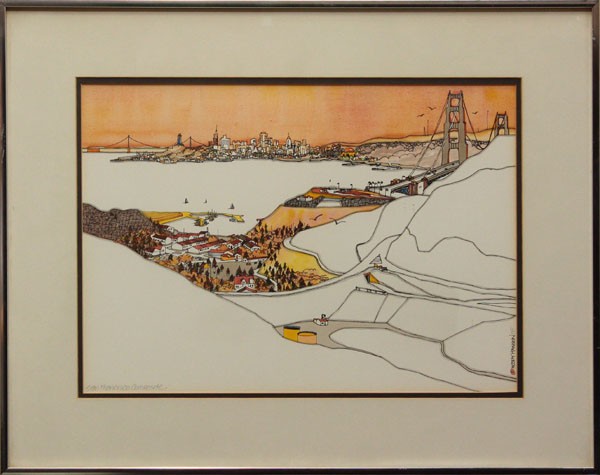 Drawing, Woody Hansen, San Francisco Composite: Framed colored ink drawing on paper, ''San Francisco Composite,'' 1975, by Woody Hansen (Californian, 20th century), signed in ink ''Woody Hansen'' lower right, titled in ink lower left, sight 12.5''h
