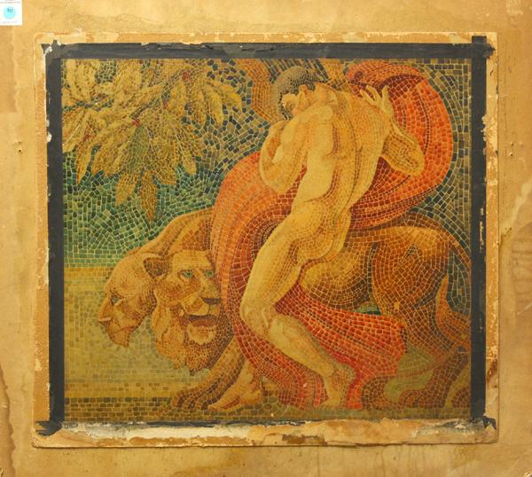 Watercolor mosaic, Continental School: Unframed watercolor mosaic mounted on board, Continental School (20th Century), sight: 21''h x 24''w, overall: 29.625''h x 32''w