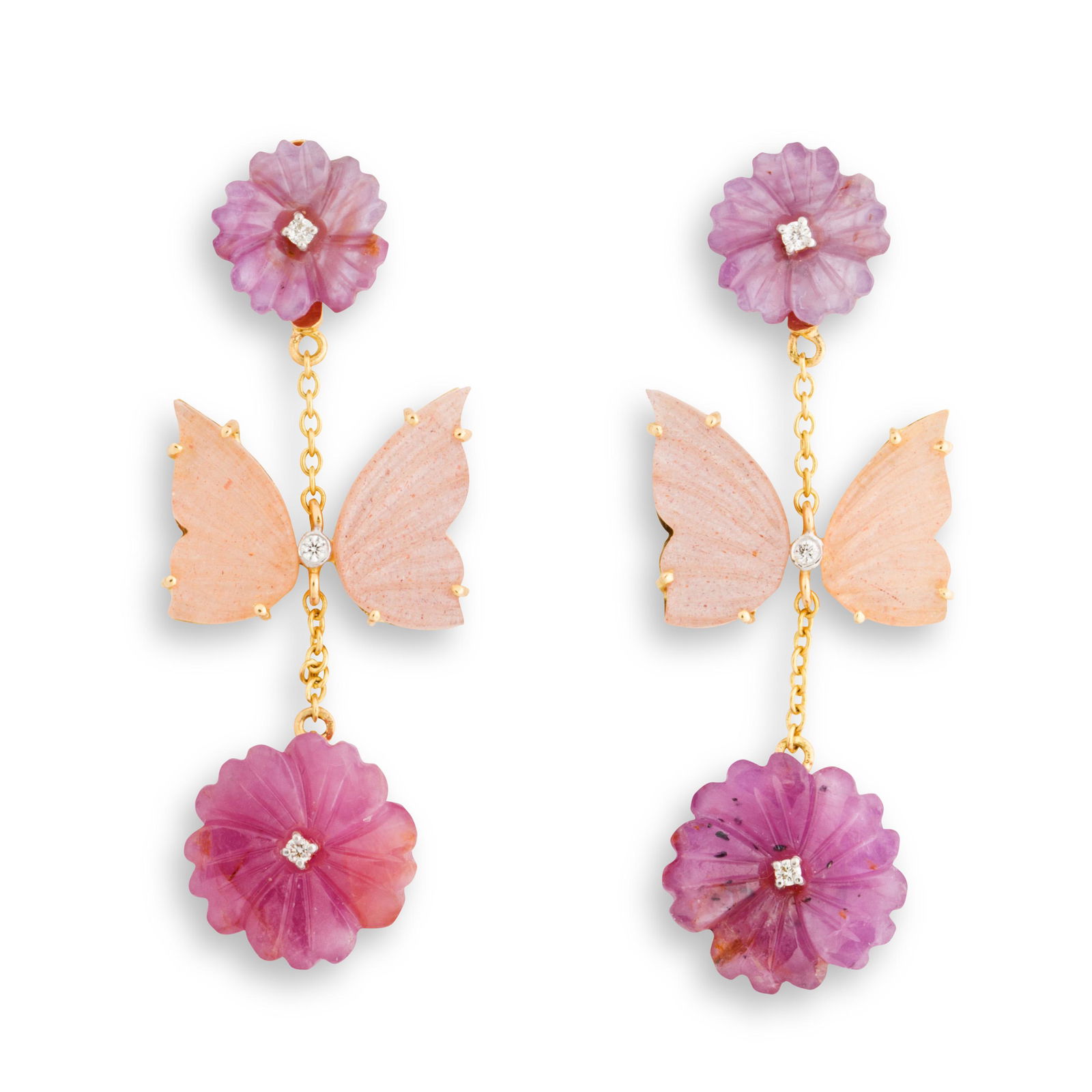 A pair of pink sapphire, moonstone and eighteen karat: A pair of pink sapphire, moonstone and eighteen karat gold earringseach designed as a flowerhead carved pink sapphire and a butterfly carved moonstone, accented by round brilliant-cut diamonds, on cab