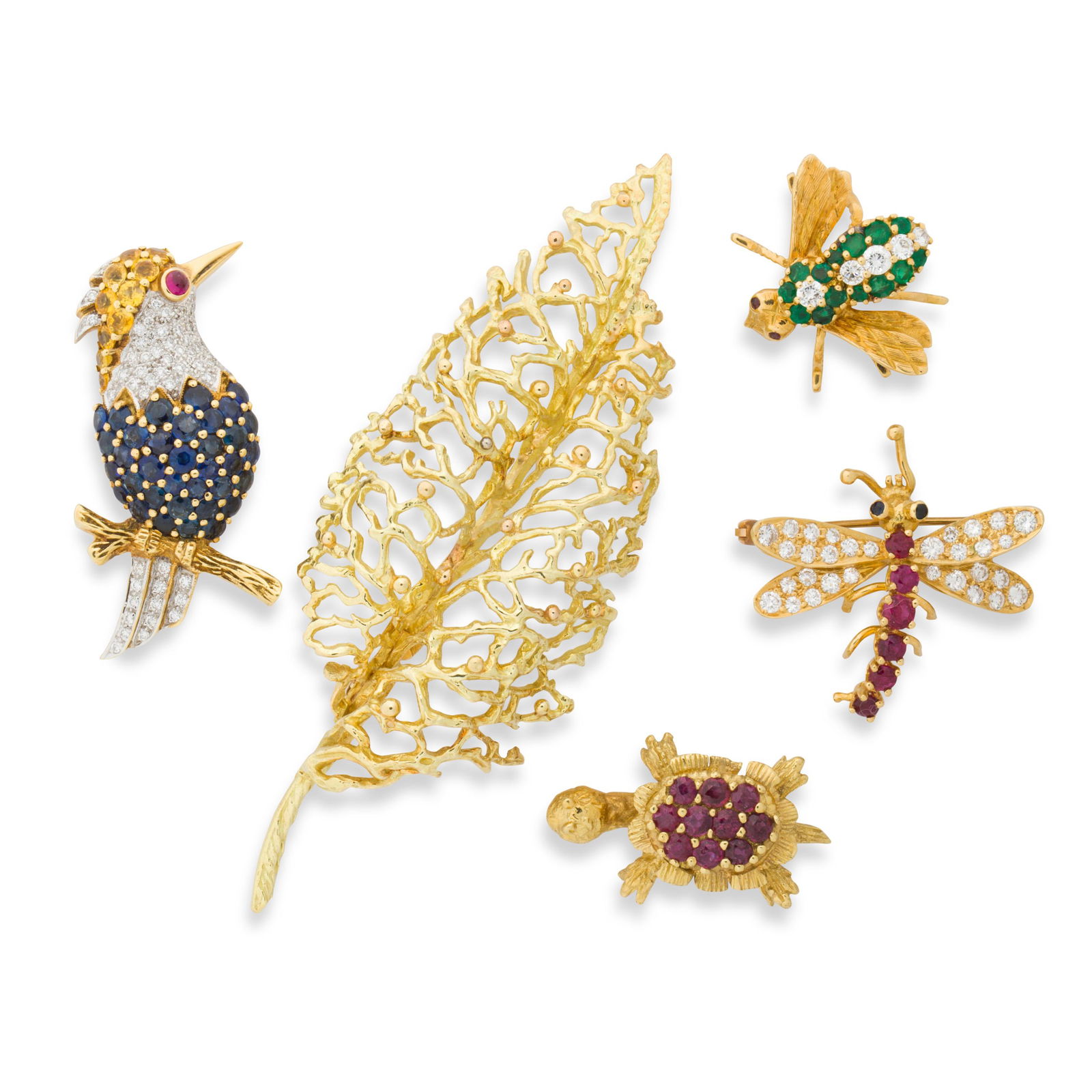 A group of gemstone and eighteen karat gold brooches (1 of 1)