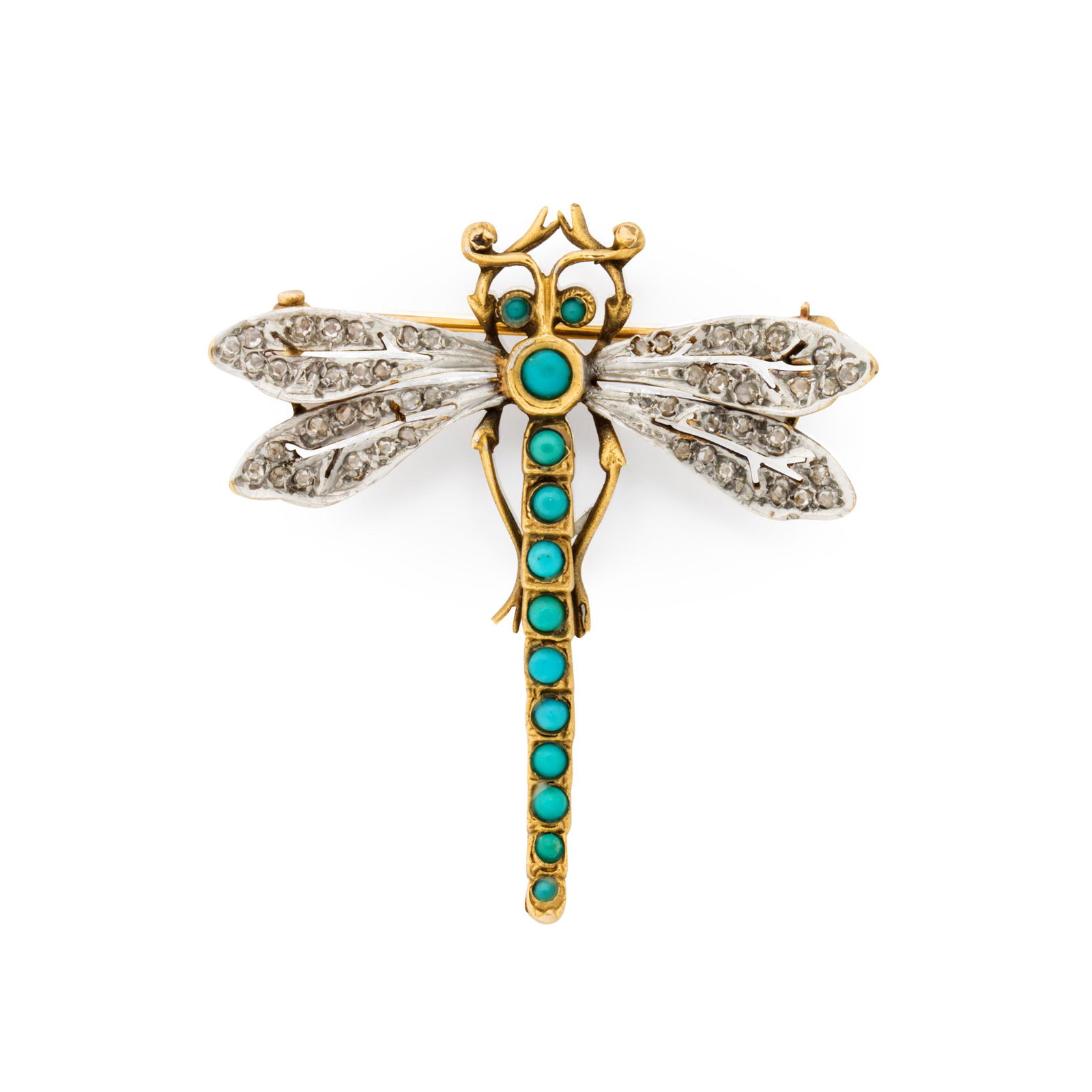 A diamond and turquoise fourteen karat gold brooch (1 of 1)