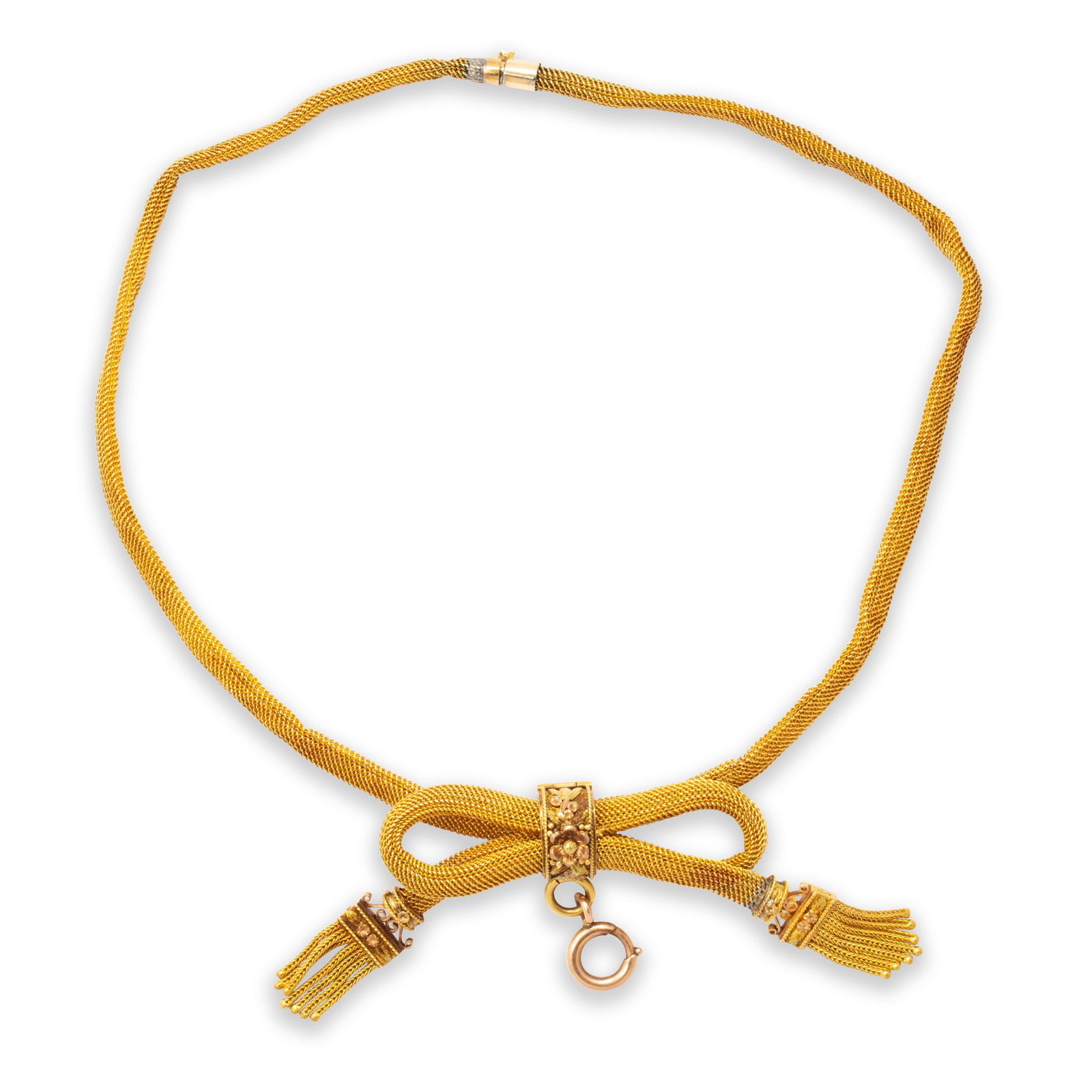 A Victorian eighteen karat gold collar necklace: A Victorian eighteen karat gold collar necklace designed as an intricately woven gold strap, set to the front with a ribbon bow.Property from the Estate of Sally Kathleen Scholz, a Monterey Bay Jewele