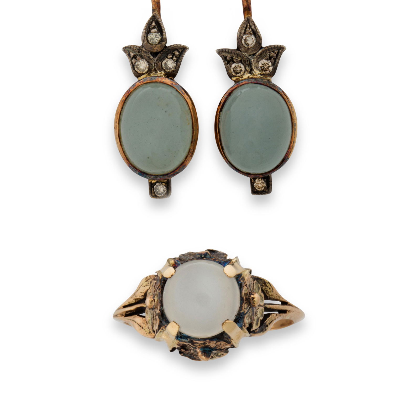 A pair of moonstone and gold earrings and ring suite (1 of 1)