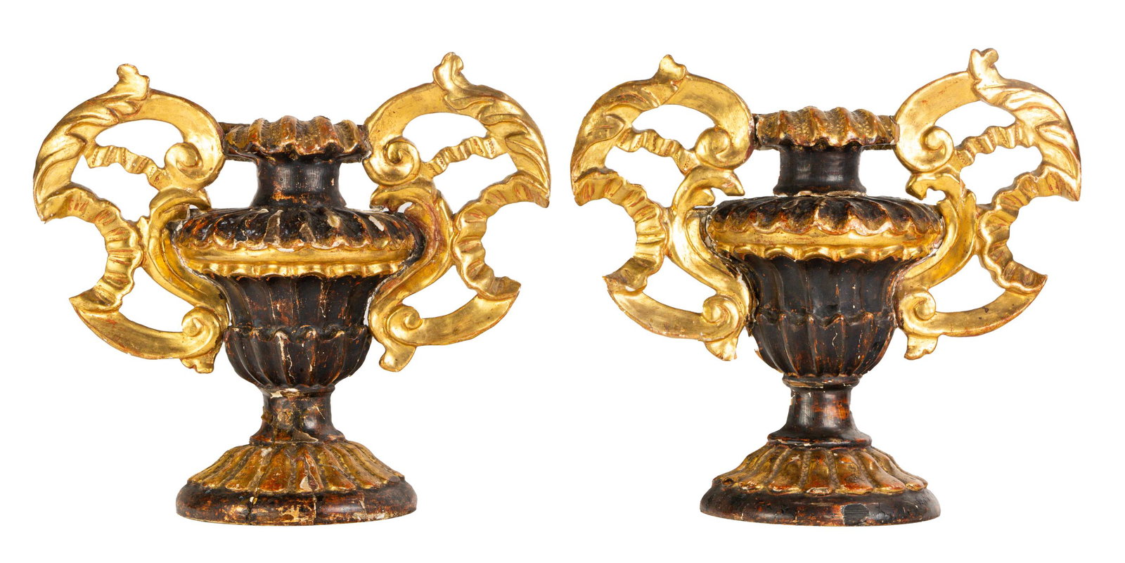 A pair of Italian Baroque style parcel giltwood urn: A pair of Italian Baroque style parcel giltwood urn reliefs, 19th century, 12.5"h x 13.5"w