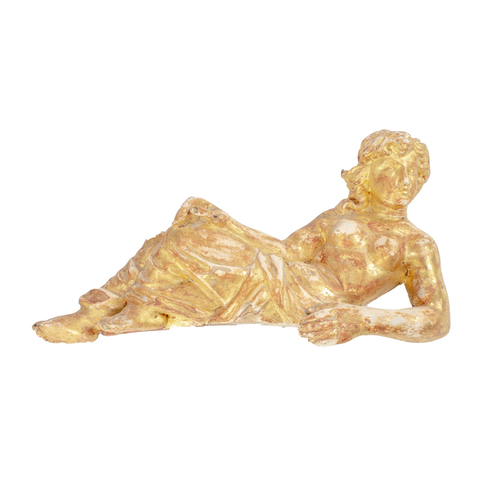 A Baroque style giltwood figural architectural fragment: A Baroque style giltwood figural architectural fragment, modeled as a recumbent woman partially draped, 10.5"h x 20"l