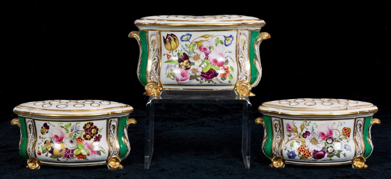 A fine English porcelain garniture of three bough pots (1 of 4)