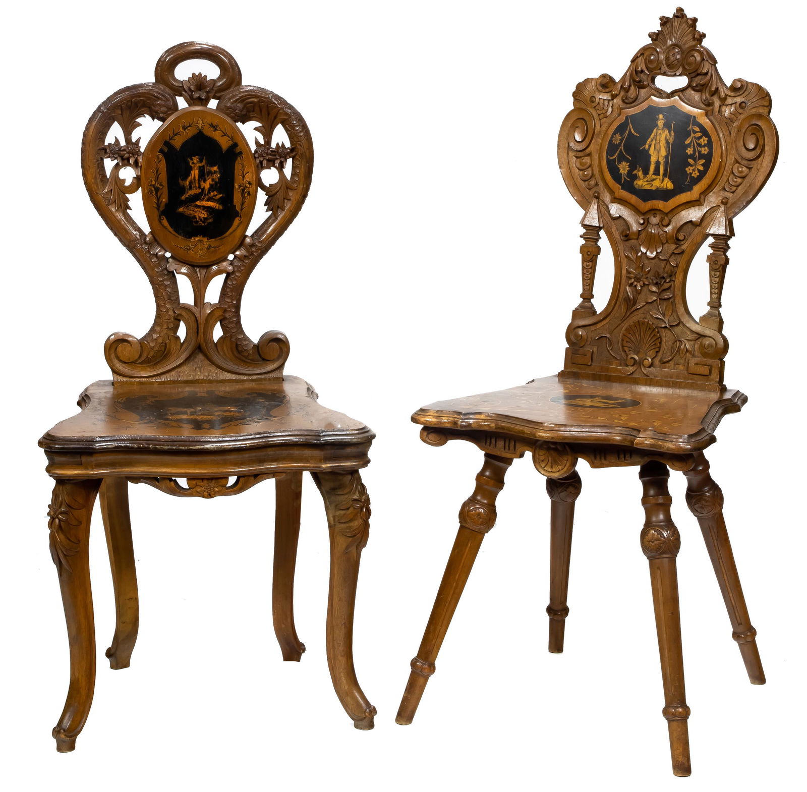A pair of Continental marquetry decorated hall chairs (1 of 5)
