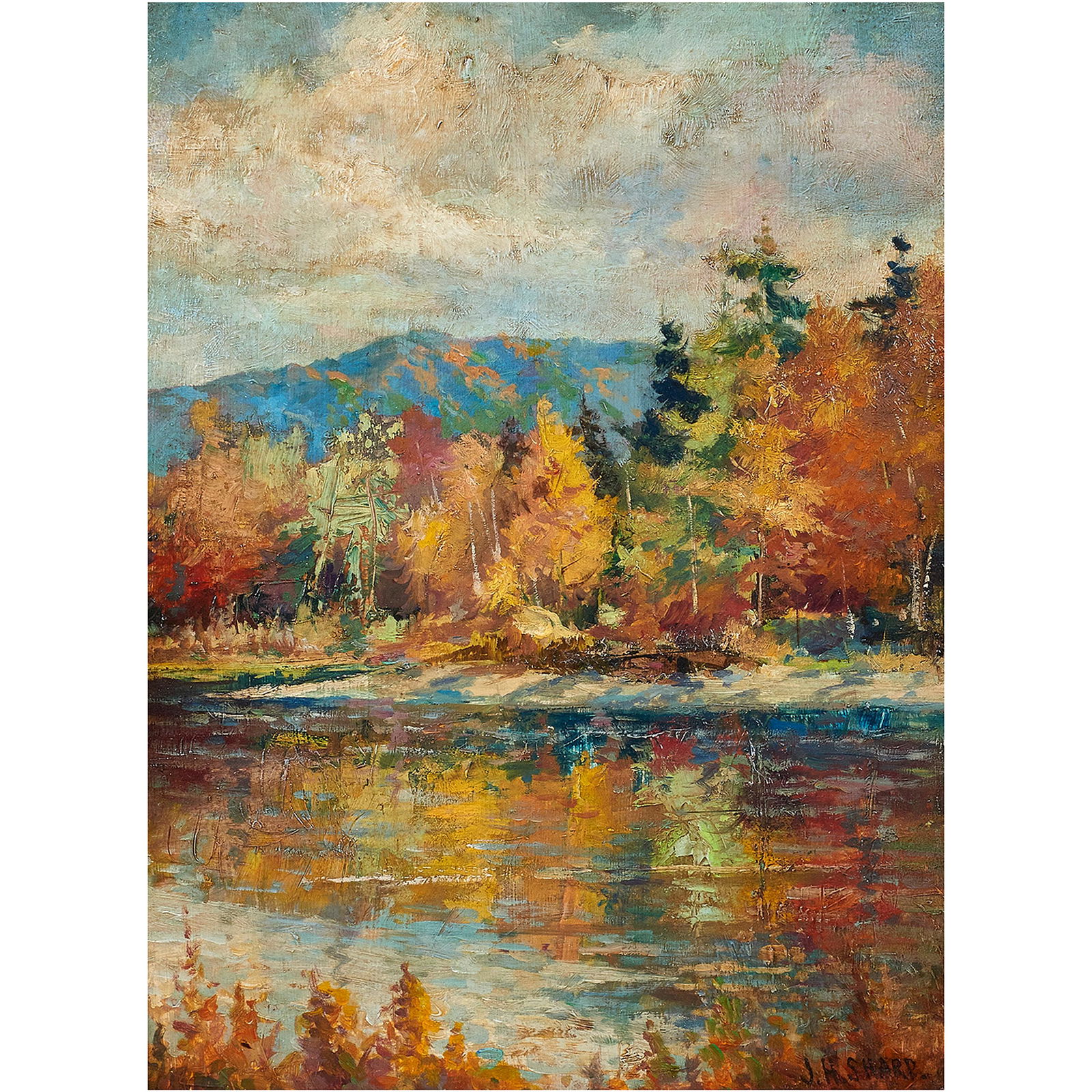 Painting, Joseph Henry Sharp: Joseph Henry Sharp (American, 1859-1953), Autumn Mountain River Scene, oil on masonite, signed lower right, board: 16" h x 12" w, overall (with frame): 23.5" h x 19.5" w.