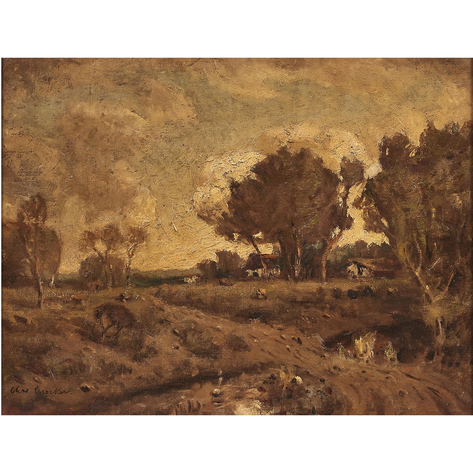 Painting, Charles Crocker: Charles Crocker (American, 1877-1950), Untitled (Farm Landscape), oil on canvas affixed to board, signed lower left, board: 16"h x 20"w, overall (with frame): 21"h x 25.25"w. Provenance: Private Colle