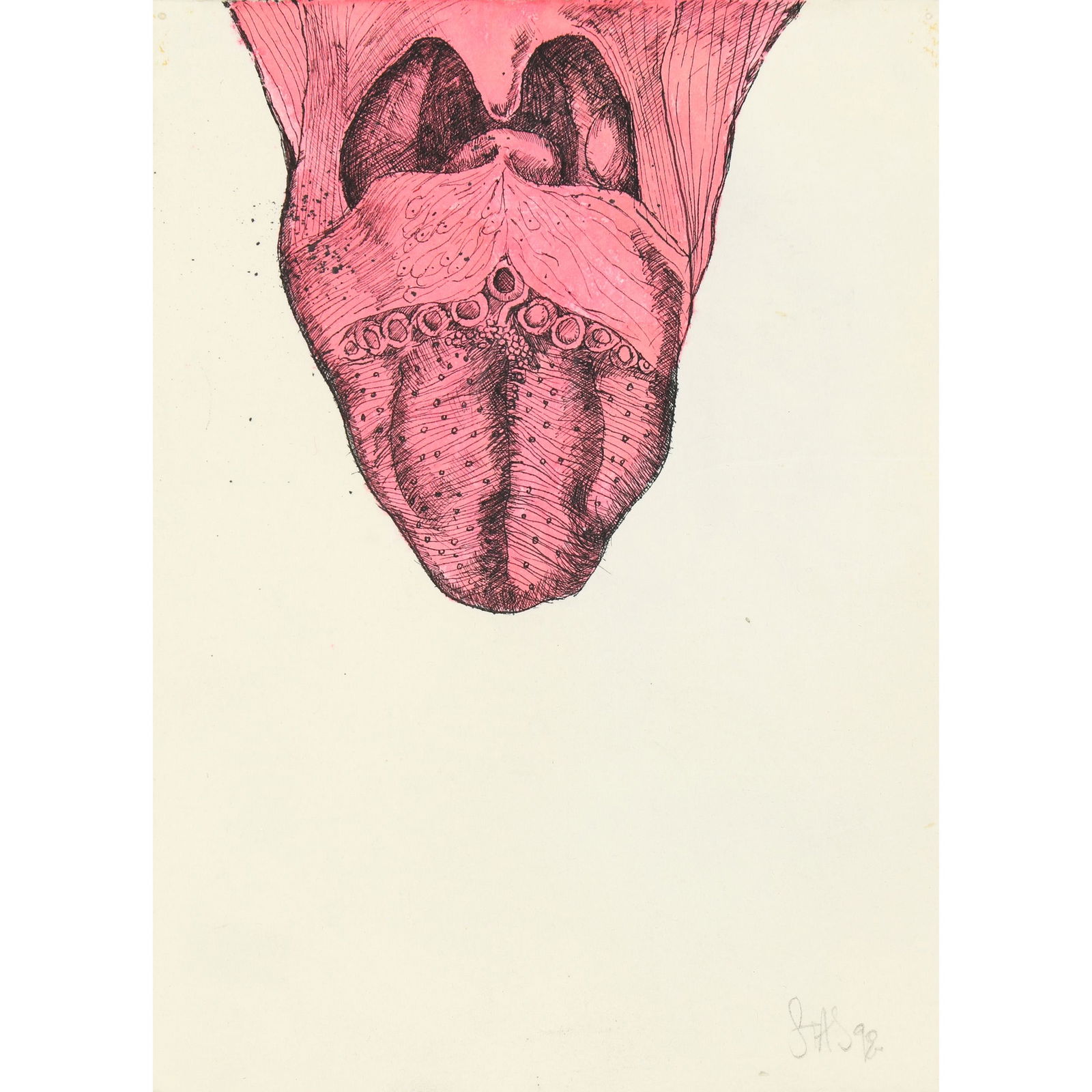 Mixed media on paper, Stas Orlovski: Stas Orlovski (American, b. 1969), "Tongue", 1998, mixed media on paper, signed and dated lower right, sheet: 7.5"h x 5.5"w, overall (with frame): 10.5"h x 8"w