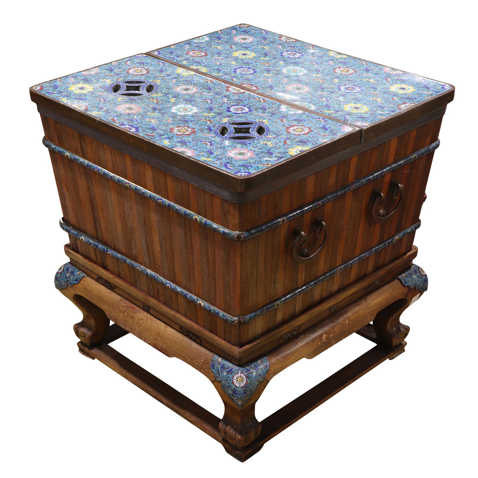 Chinese cloisonne enamel and hardwood ice chest (1 of 5)