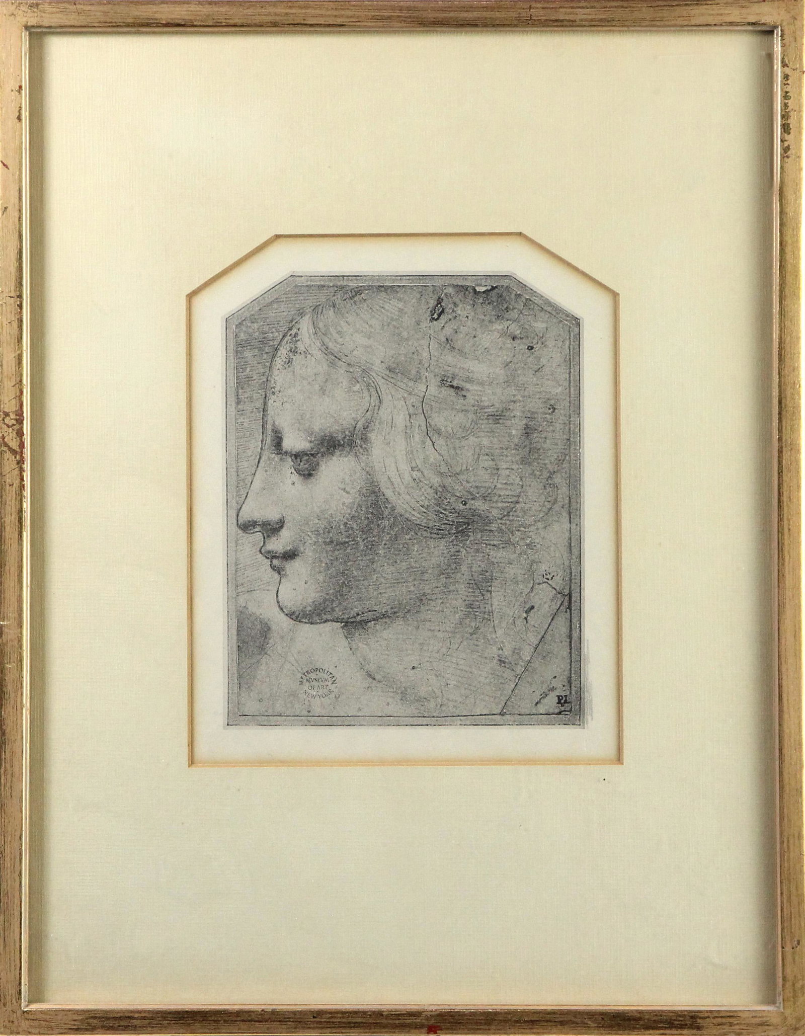 Print, Head of a Woman in Profile: Follower of Leonardo da Vinci (Italian, 1452-1519) Giovanni Antonio Boltraffio, "The Head of a Woman in Profile Facing Left," reproduction print, overall (with frame): 12.25"h x 9.5"w