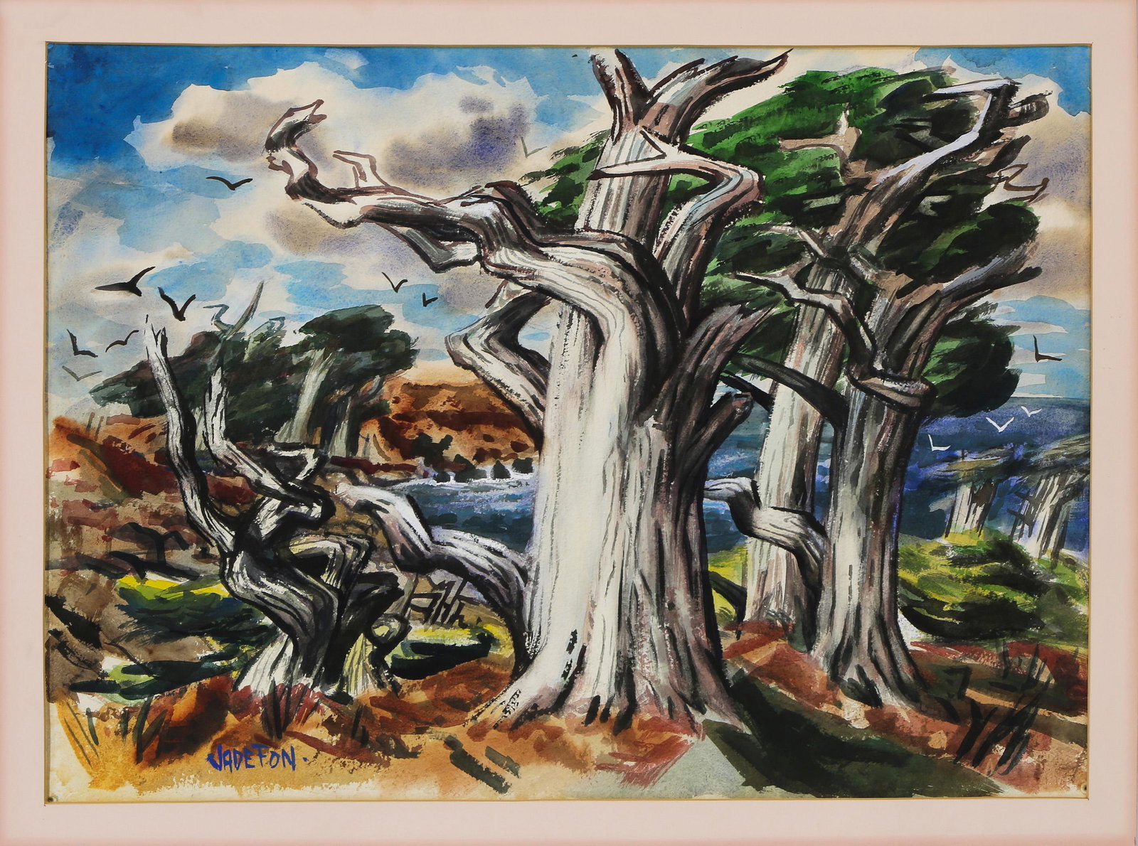 Watercolor, Jade Fon: Jade Fon (American, 1911-1983), Cypress and The Dunes, double-sided watercolor, one side signed lower left, overall (with mat): 24"h x 32"w