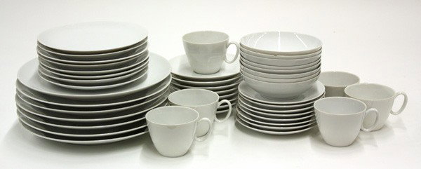Raymond Loewy, Rosenthal dinner service: (Lot of 45) Raymond Loewy (1893-1986) for Rosenthal, Germany, a white continental china dinner service, seven dinner plates 10.5'', eight salad plates 7.5'', eight bread plates 6'', eight bowls 1.75''
