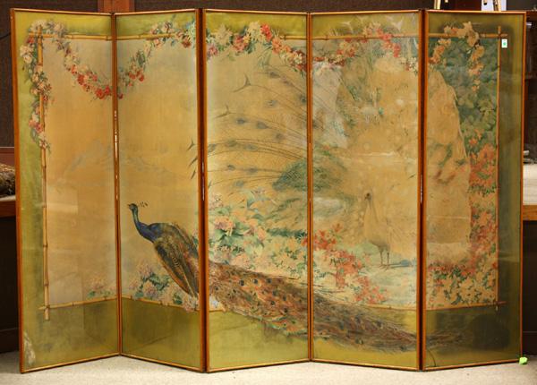 Gerard Lafitte five panel watercolor screen: Watercolors mounted on a five panel screen, Peacocks Amid a Floral Spray, by Gerard Lafitte (French, 20th Century), signed ''Gerald Laffitte'' upper right (right panel), panel dimension: 74.25''h x 22