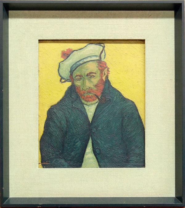 Painting, style of Vincent van Gogh: Framed oil on board, ''Batelier'', in the style of Vincent Van Gogh (Belgian/French, 1853-1890), museum exhibition title label (De Young Memorial Museum, San Francisco) affixed verso, sight: 14''h x 1