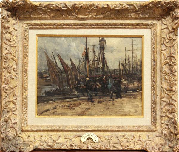 Painting, style of Edouard Manet: Framed oil on canvas, "Le Port de Boulougne", in the style of Edouard Manet (French, 1832-1883), inscribed "E. Manet" verso, title and artists name on placard (lower center frame), sight: 9.5"h x 12.5