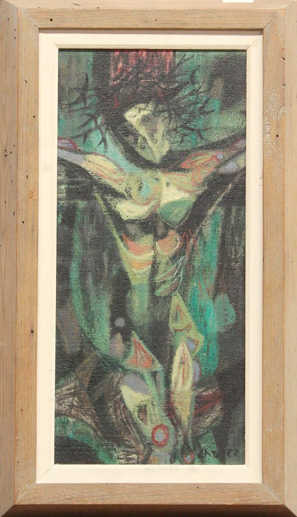 Painting, Edward Arcenio Chavez: Framed oil on canvas, ''Christ on the Cross,'' by Edward Arcenio Chavez (American, 1917-1995), signed ''Chavez'' lower right, sight: 17''h x 8''w, overall: 21.5''h x 12.75''w. Provenance: Hirshhorn Mu