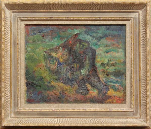 Painting, Sandra Lerner, In Search of Land: Framed oil on canvas, ''In Search of Land,'' 1943, by Sandra Lerner (American, 20th century), signed and dated ''S. Lerner 1943'' lower right, sight: 10.5''h x 13.5''w, overall: 17''h x 20''w. Provena
