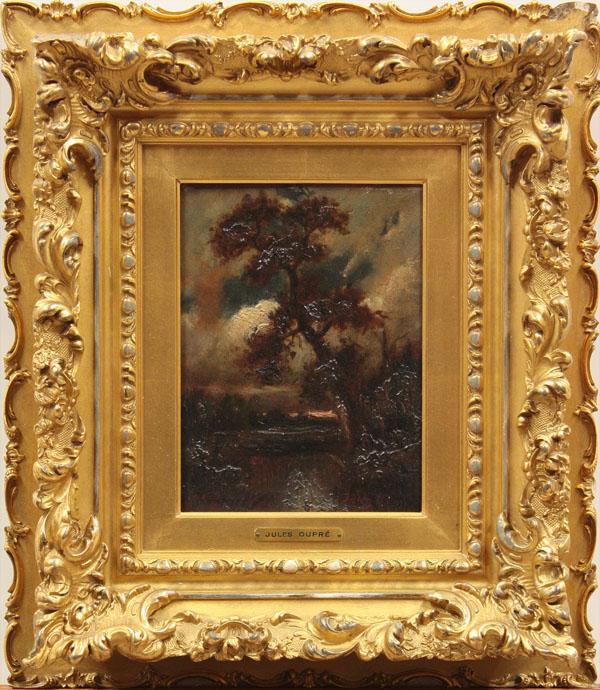 Painting, Jules Dupre, French Landscape: Framed oil on board, French Landscape, by Jules Dupre (French, 1811-1889), signed ''Jules Dupre'' lower right, sight: 8''h x 5.75''w, overall: 16.25''h x 14''w