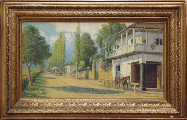 Painting, Alberto Lobos, The Road Through Town: Framed oil on canvas, The Road Through Town, by Alberto Lobos (Chilean, 1892-1941), signed lower right, sight: 21.5''h x 39.5''w, overall: 32.5''h x 51.25''w