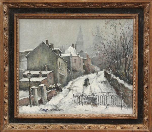 Painting, manner of Georges Rouault: Framed oil on canvas, Parisian Street Scene in Winter, in the manner of Georges Rouault (French, 1871-1958), bears signature lower left, sight: 18''h x 22''w, overall: 28''h x 24.5''w