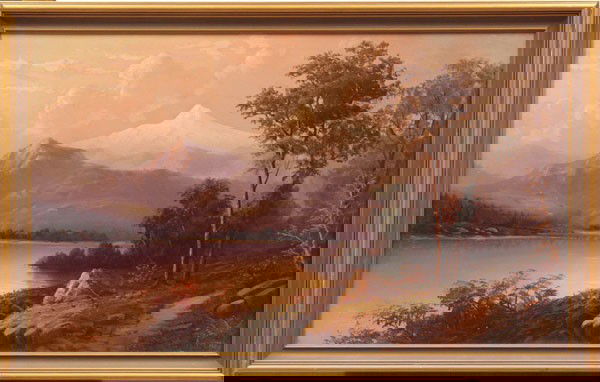 Painting, Arthur W. Best, View of Mt Hood: Framed oil on canvas, ''View of Mount Hood up the Klamath River, Oregon,'' by Arthur William Best (Californian, 1859-1935), signed ''A.W. Best'' lower right, sight: 22''h x 36''w, overall: 25.5''h x 3