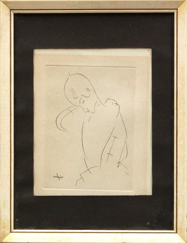 Etching, after Amedeo Modigliani, Figure: Framed etching, Figure, after Amedeo Modigliani (Italian, 1884-1920), bears signature on the plate ''Modigliani'' lower left, sight: 6.5''h x 5''w, overall: 13''h x 10''w