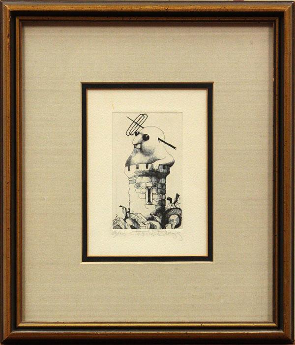 Etching, Charles Bragg, Surreal Scene: Framed etching, Surreal Scene, by Charles Bragg (American, b.1931), signed in pencil ''Charles Bragg'' lower right, edition 86/150, sight: 4.75''h x 3''w, overall: 14.75''h x 12.75''w