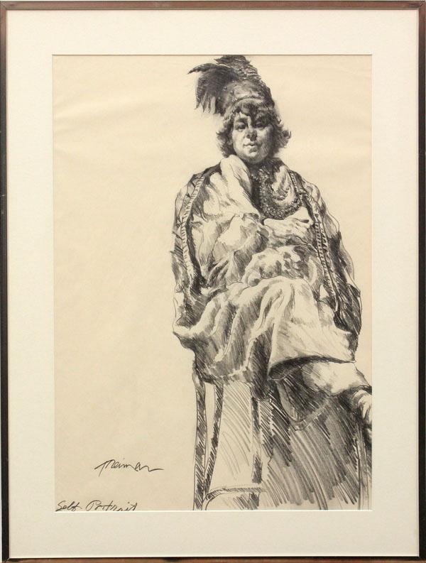 Pencil Drawing, Joyce Treiman, Self Portrait: Framed pencil drawing, ''Self Portrait'', by Joyce Wahl Treiman (Californian, 1922-1991), signed and titled in pencil ''Treiman, Self Portraity'' lower left, gallery label affixed verso, sight: 24''h