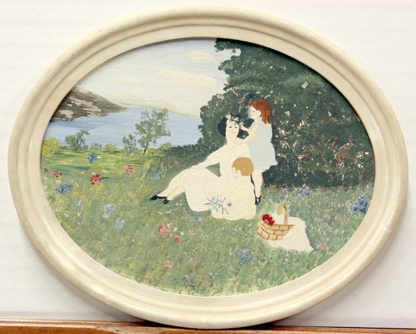 Painting, Grandma Moses, What a Pal is Mother: Framed oil on board, "What a Pal is Mother," by Grandma Moses (American, 1860-1961), stamped and titled verso, catalogue raisonné, "Grandma Moses" (no: 715), sight (oval): 8"h x 10"w, overall (oval):