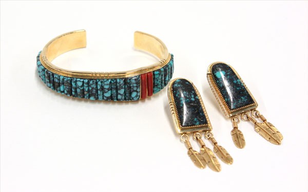 Zuni 14k gold jewelry Tim Bedeh: (lot of 3) Zuni 14k yellow gold cuff bracelet decorated with turquoise and red coral, together with a pair of 14k yellow gold and turquoise earrings having feather pattern dangles, each artist signed 