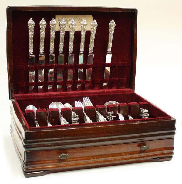 Wallace sterling flatware service: Watson Company sterling silver flatware service complete for six, plus extras, in the ''Meadow Rose'' pattern, having seven pieces per place setting consisting of dinner knives and forks, salad forks,