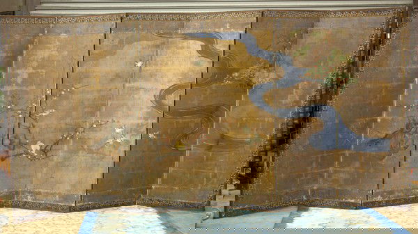 Japanese Large Folding Screen, Meiji, Bird-Flower: Japanese large six panel folding screen, Meiji period, 19th century, Nihonga school, featuring various types of birds in landscape with a meandering stream and the 'Three Friends of Winter' (pine, bam