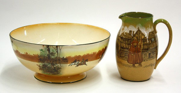 Royal Doulton punch bow, pitcher: (lot of 2) Royal Doulton ceramics consisting of Series Ware ''The Coaching Days'' pedestal punch bowl, 5.25'' x 12'', and a transfer decorated pitcher, 8'' crystal