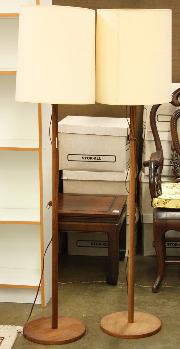 Mid-century teak floor lamps: Pair of mid-century teak floor lamps with linen shades