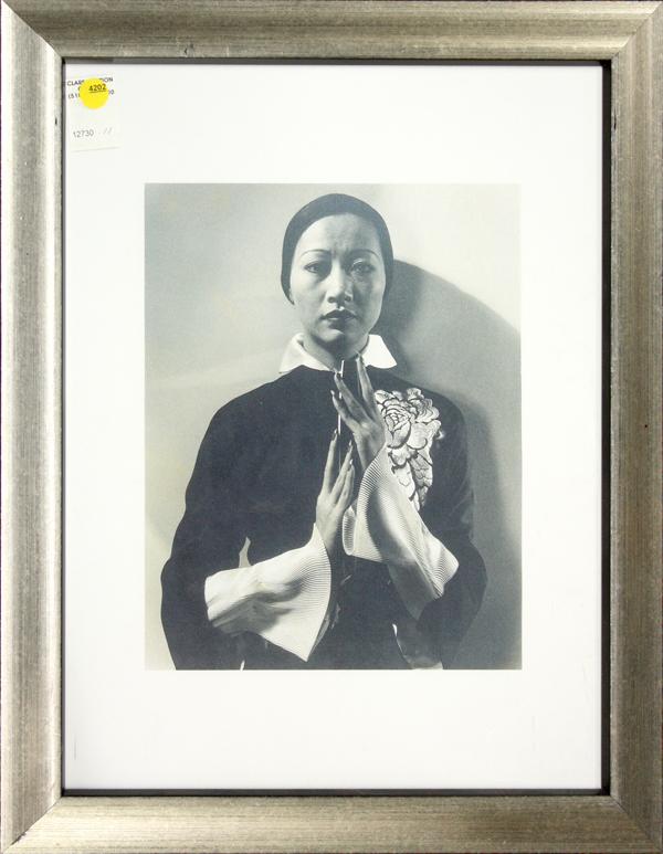 Anna May Wong, Hollywood movie memorabilia: (lot of 35) Anna May Wong, Hollywood memorabilia and ephemera, including photographs, prints, lithographs, a clock, a backlight display, German cigarette cards, a signed gelatin silver postcard, a sig
