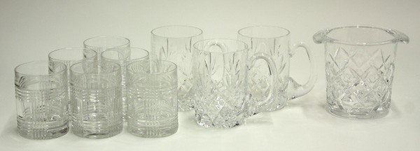 Lenox mugs, ice bucket Ralph Lauren glasses: (lot of 10) Three Lenox mugs and an ice bucket; together with a set of six Ralph Lauren ''Glen Plaid'' old fashioned glasses