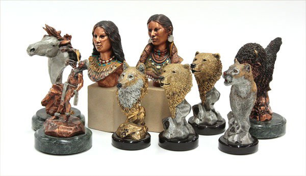 Cody mixed media sculptures: (lot of 9) Cody mixed media sculptures including a wolf, cougar, buffalo, Pocahontas, etc.
