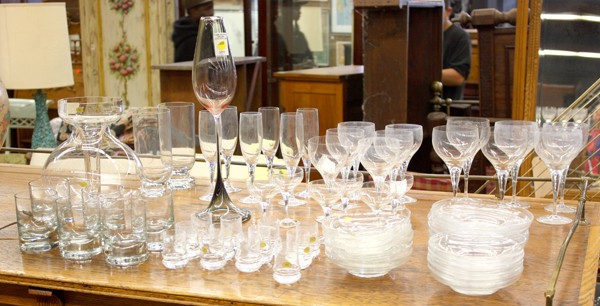 Rosenthal bar and table ware: Rosenthal bar and table ware including wines, champagnes, shot glasses, old fashioned glasses, bowls, and a centerpiece; together with an Orrefors crystal oversized stem in smoke to rose color