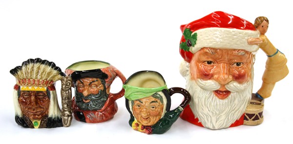 Royal Doulton Tobey jugs: (lot of 4) Group of Royal Doulton Tobey jugs, including Santa Claus, North American Indian, and Falstaff, each marked on base, largest 7''h