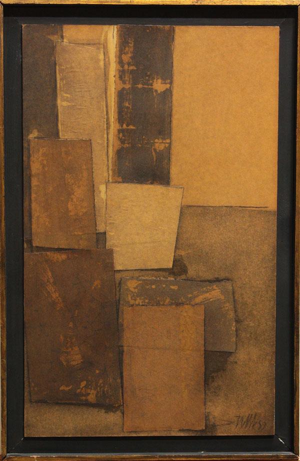 Mixed media, Jack Stuck: Framed mixed media collage, ''Composition'', by Jack Stuck (Californian), signed and dated lower right, exhibition and gallery labels affixed verso, overall: 26.5''h x 17.5''w