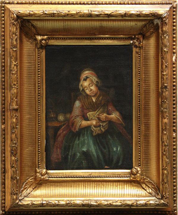 Painting, Portrait of a Girl: Framed oil on canvas, Portrait of a Girl Knitting, circa 1800, Dutch school, overall: 20''h x 16''w